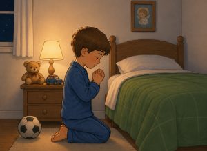 Un nen pregant a la seva habitació