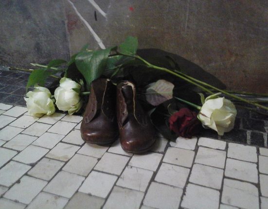 Roses i sabates sota el bust de Sophie Scholl