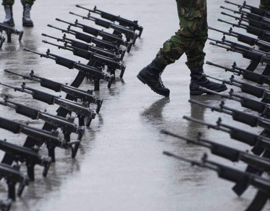 Fileres d'armes recolzades en el terra