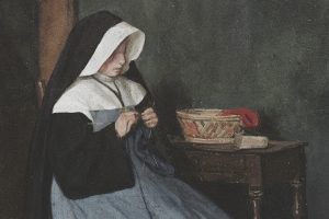 "Una monja asseguda a una taula cosint" de François Bonvin