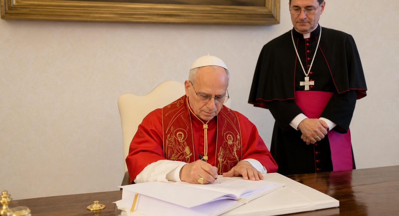 El papa, signant la seva primera encíclica